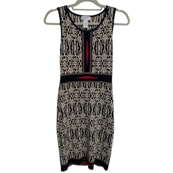 Carmen Black & Cream Fitted Sweater Sleeveless Stretchy Dress geometric print - Picture 1 of 5
